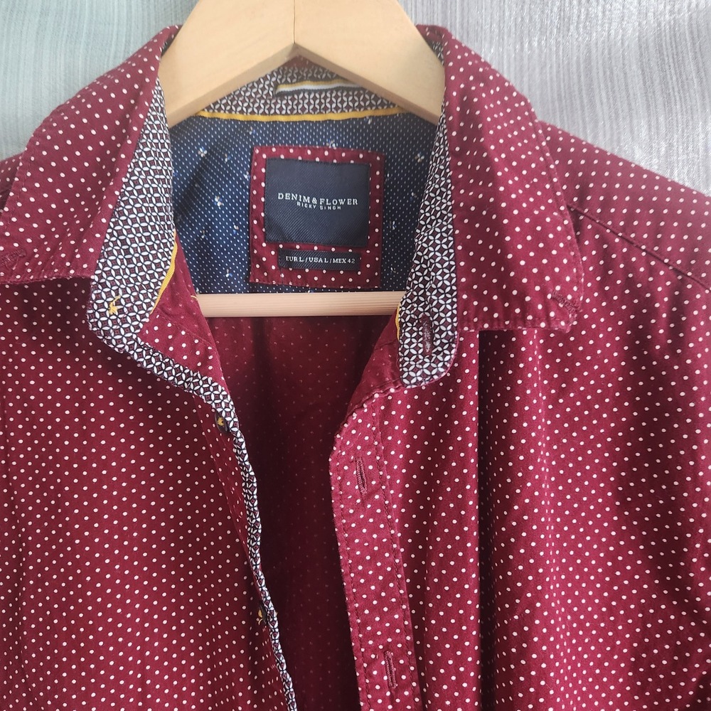 Denim & Flower Ricky Singh Mens L Burgundy Polka Dot Short Sleeve Button Shirt